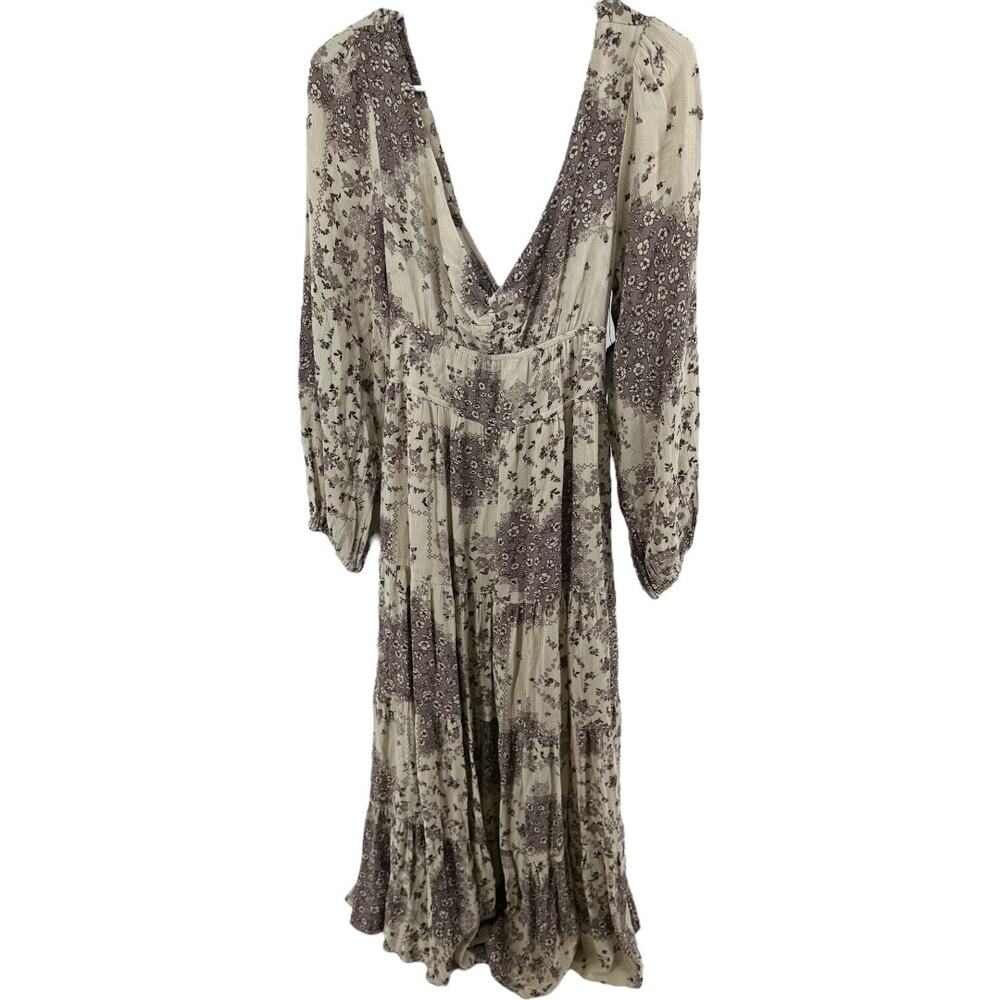 Dress Forum Long Sleeve Midi Tiered Dress Deep V-Neck Floral Beige Purple M NWT - Picture 2 of 7